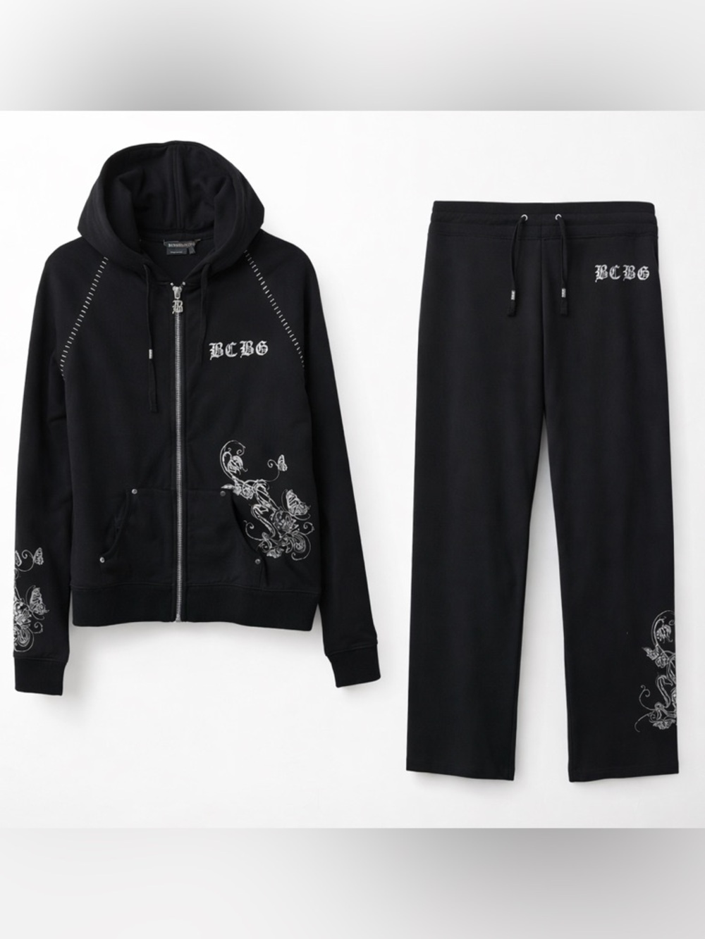 BCBG Max Azria Womens Black Rhinestone Graphic Tracksuit Hoodie Pants Set Size L